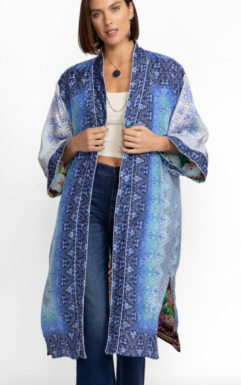Johnny Was Reversible Silk Floral Long Kimono Coopera Print Medium Petite